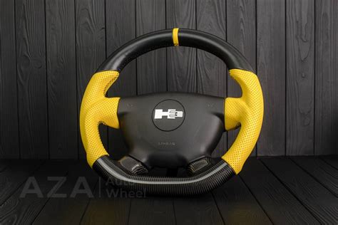 Steering Wheel Hummer H Carbon Fiber Perforated Leather Yellow Stripe