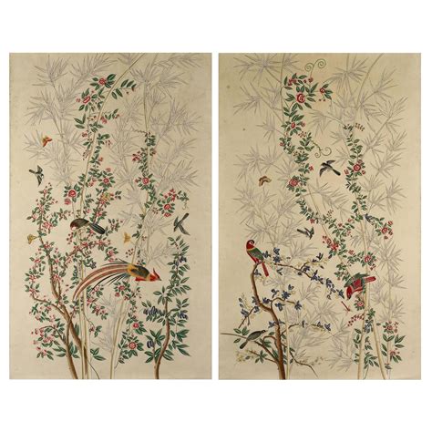 Pair Of Chinoiserie Hand Painted Paper Panels Watercolour On Paper For