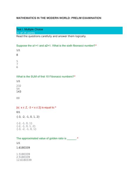 Prelim Examination MMW MATHEMATICS IN THE MODERN WORLD PRELIM