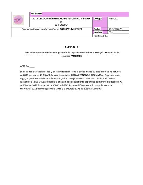 Actas De Copasst Normatividad Copaasst Miferyer Acta Del Comit