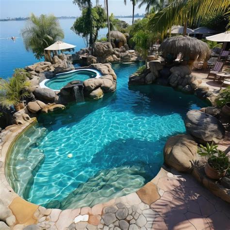 Premium Photo | Luxurious and exotic pool with floating rocks and spa area