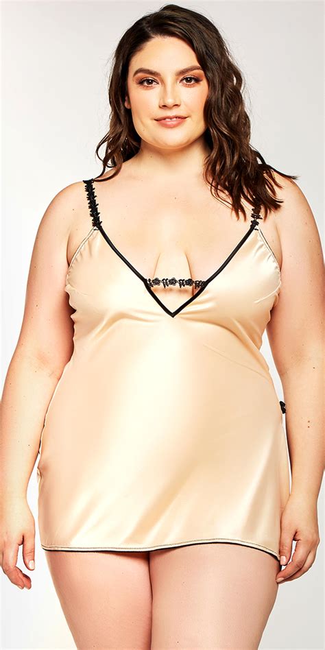 Plus Size Nude And Black Satin Lace Chemise Sexy Women S LIngerie