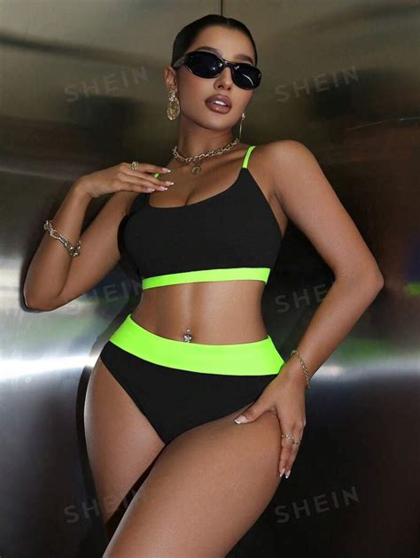 SHEIN Swim Conjunto de bikini con diseño de empalme de bloques de color para mujeres de verano