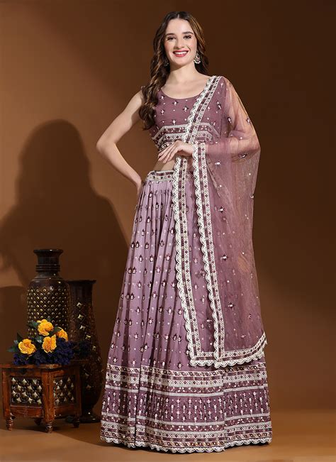 Buy Purple Georgette Party Wear Embroidery Work Ready To Wear Lehenga