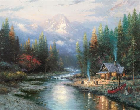 Thomas Kinkade Log Cabin Painting