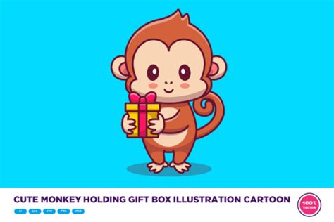 Cute Monkey Holding Gift Box Cartoon Graphic by catalyststuff ...