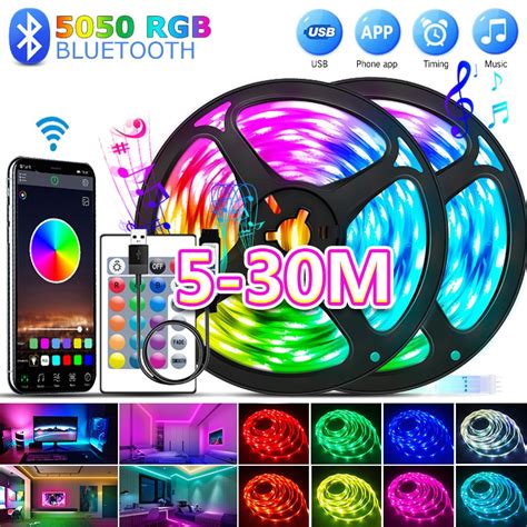 Fita LED 5M 30M USB Bluetooth RGB 5050 5V Flexível Para Decoração De