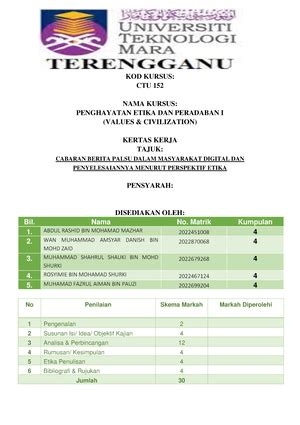 Kertas Kerja Ctu Kertas Kerja Ctu Penghayatan Etika Dan