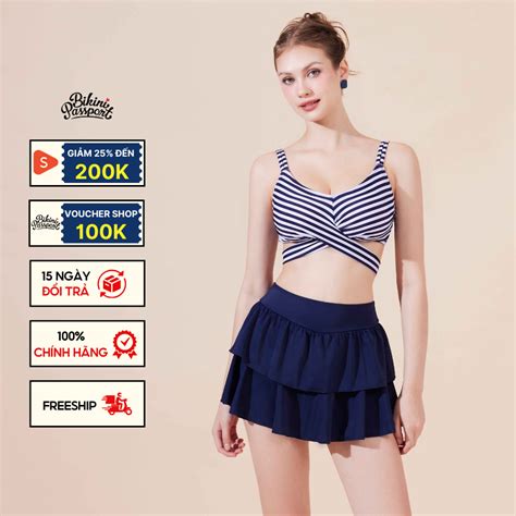 Bộ đồ bơi Nữ BIKINI PASSPORT kiểu Đồ bơi BIKINI PASSPORT hai mảnh váy bồng bềnh Xanh Trắng