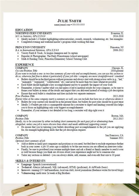 Ivy League Resume Template With Tips And Writing Guidance Editable