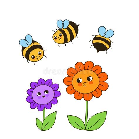 Bee Honey Characters Flowers Retro Cartoon Illustration Honeybee