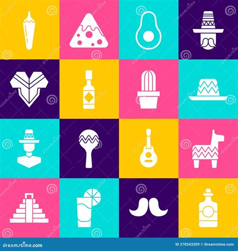 Set Tequila Bottle Pinata Mexican Sombrero Avocado Fruit Tabasco Sauce Poncho Hot Chili