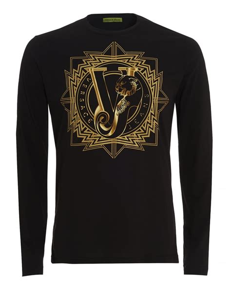 Versace Jeans Mens Long Sleeve T Shirt Black Tiger Vj Logo Slim Fit