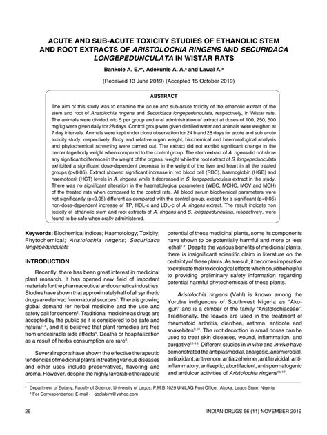 Pdf Acute And Sub Acute Toxicity Studies Of Ethanolic Stem And Root