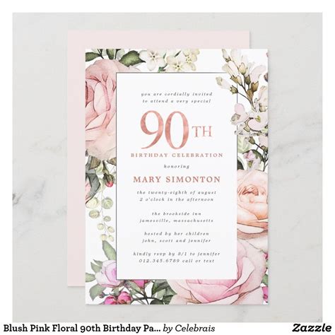 Blush Pink Floral 90th Birthday Party Invitation Zazzle Artofit