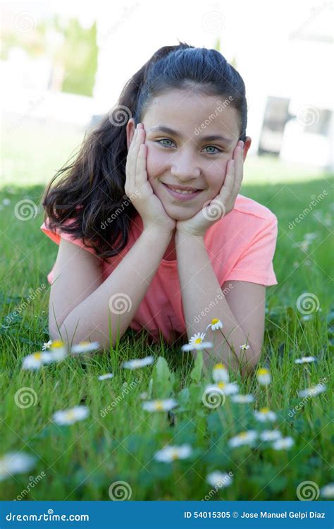 Menina Feliz Do Preteen Que Encontra Se Na Grama Imagem De Stock