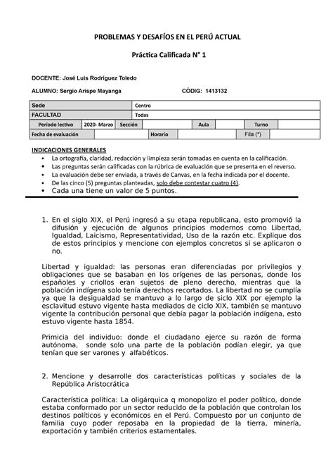 practica calificada 1 PROBLEMAS Y DESAFÍOS EN EL PERÚ ACTUAL Práctica