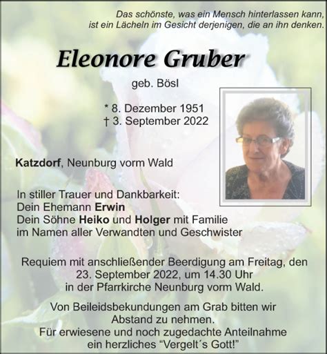 Traueranzeigen Von Eleonore Gruber Mittelbayerische Trauer