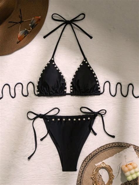 Shein Pearls Beaded Halter Triangle Bikini Swimsuit Shein Usa