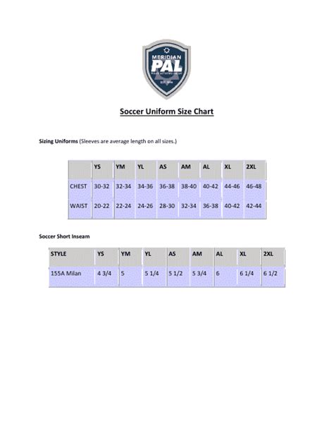 Soccer Uniform Size Chart Meridian Pal Download Printable Pdf