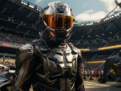 A futuristic racer wearing a streamlined helmet and protective armor