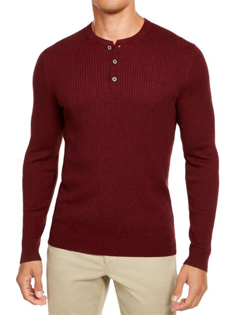 Tasso Elba Mens Sweater Plum Cashmere Ribbed Knit Henley Red 2XL