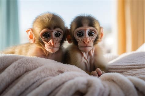 Premium AI Image | two baby monkeys sitting on top of a bed