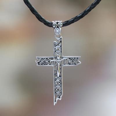 Leather cross necklace - Contemporary Cross | NOVICA