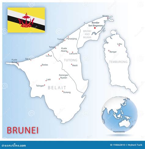 Detailed Brunei Administrative Map With Country Flag And Location On A