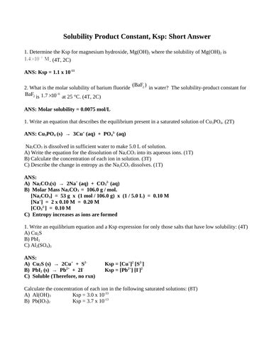 Keq Kc Kp Chemical Equilibria Unit Short Answer Grade 12 Chemistry