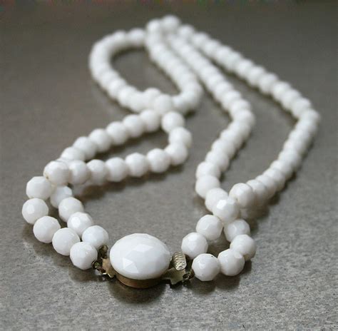 Vintage Necklace Milk Glass Bead Button Clasp By Zephyrvintage