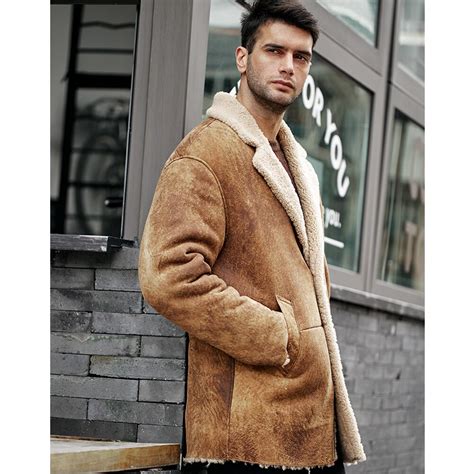 Denny Dora Mens Shearling Jacket Mid Length Sheepskin Coat Suit Collar