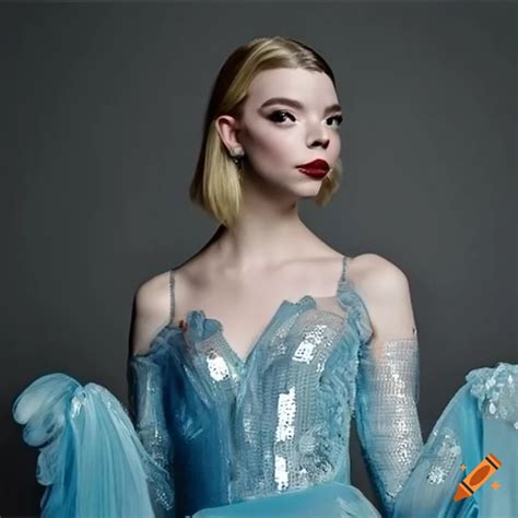 Elegant Anya Taylor Joy In Ice Blue Sequin Blouse And Opera Gloves On