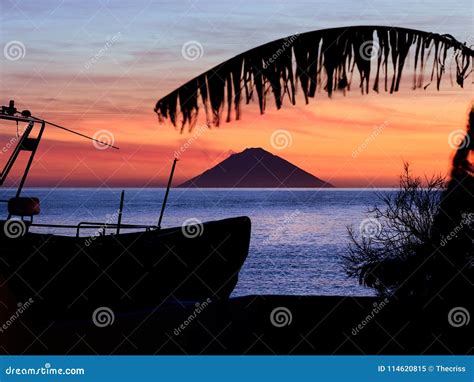 Beautiful Sunrise Withe The Stromboli Volcano Seen From The Salina