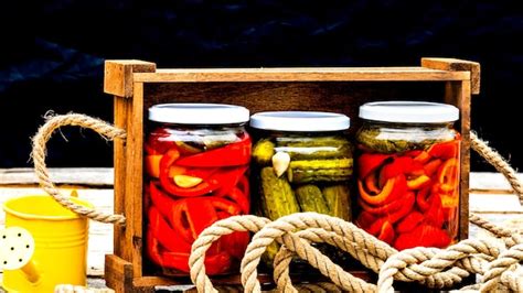 Premium Photo Wooden Crate With Glass Jars With Pickled Red Bell