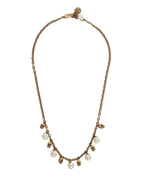 Alexander Mcqueen Skull Necklace In Antique Brass With Pearls