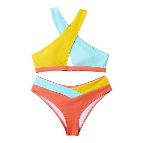 Rozyard Stitching Halterneck Swimsuit Bikini Women Split Color Matching Beachwear Bikini Women