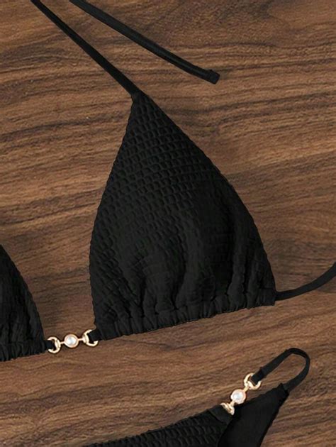 Shein Swim Solid Color Textured Backless Halter Neck Two Piece Bikini Set Summer Beach Shein Usa