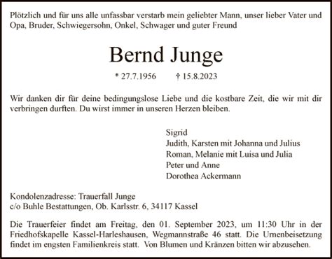 Traueranzeigen Von Bernd Junge Trauer HNA De