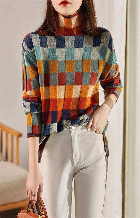 Autumn Checkerboard High Neck Sweater Cevaf In 2022 High Neck Sweater Sweaters Cool Sweaters