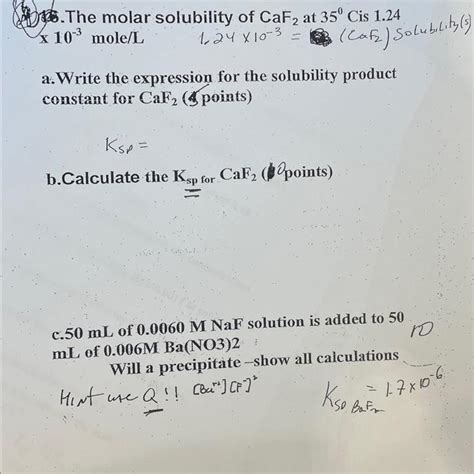 Solved 9 The Molar Solubility Of CaF2 At 35C Is 1 24 A Chegg