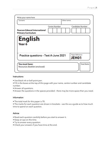 Edexcel Iprimary English Practice Paper 2021 Teaching Resources