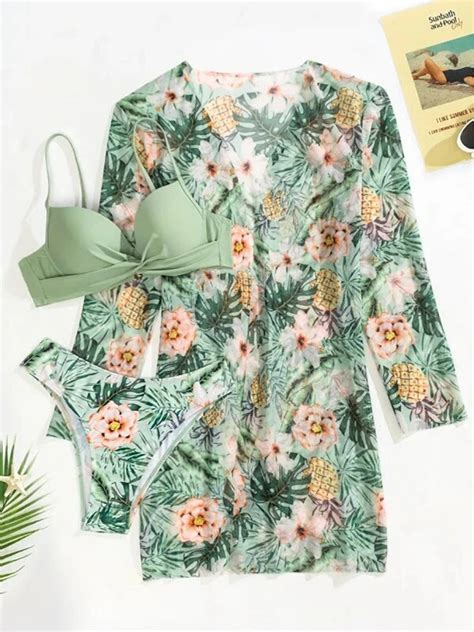Three Pieces Bikini Set Beach Skirt Tunics For Beach Cover Up Swimsuit Women Ruffle Biquini
