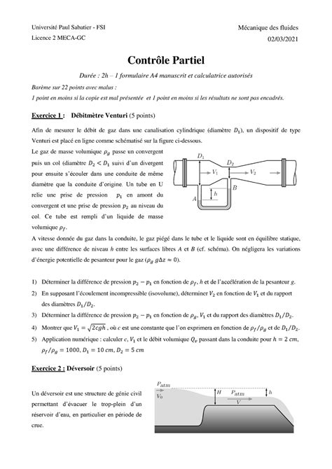 Mecanique des Fluides L2 Controle Partiel 2021 Université Paul