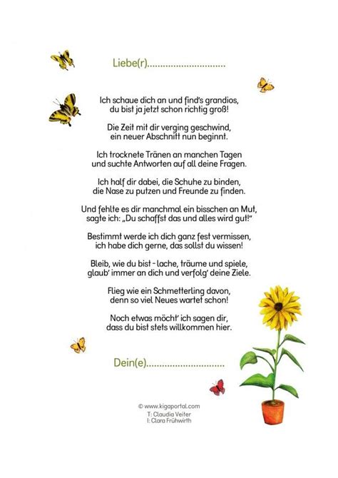 A Poem Written In German With Yellow Flowers And Butterflies Flying