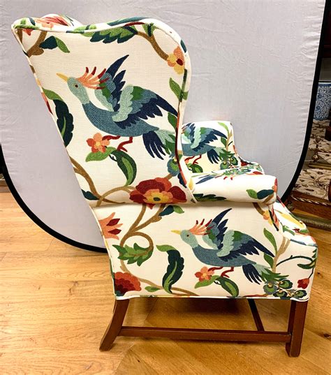 Crewelwork Floral And Bird Print Upholstered Mahogany Wingback Chair At