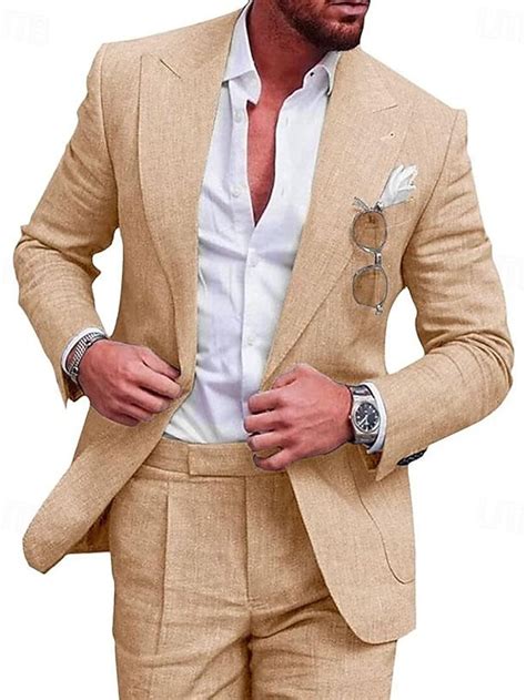 Mens Linen Suits Beach Wedding Summer Suits Solid Colored 2 Piece