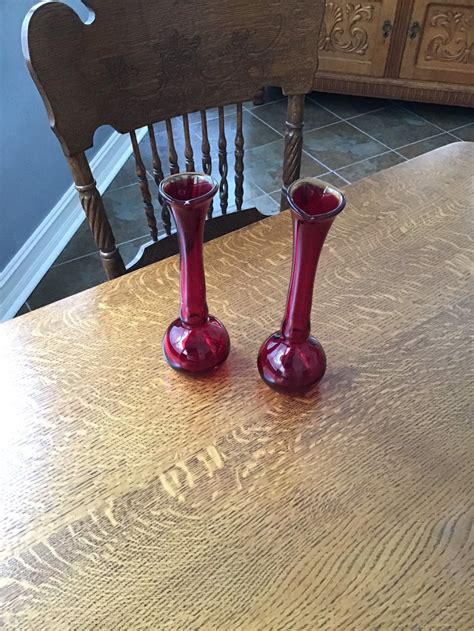 Pair Of Ruby Red 10 1 2 Bud Vases With A Amberina Edge Etsy