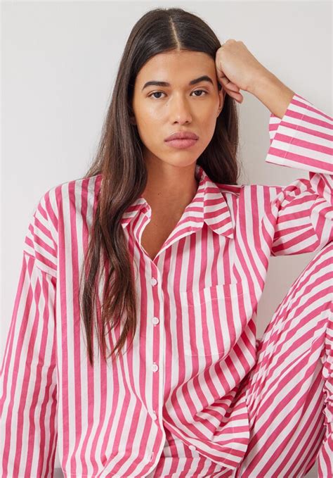 Emerson Boxy Fit Shirt Pyjama Set Fluro Pink White Stripe Hush