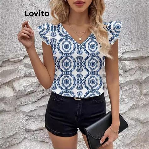 Lovito Women Boho Landscape Print Pattern Ruffle Blouse Lnl